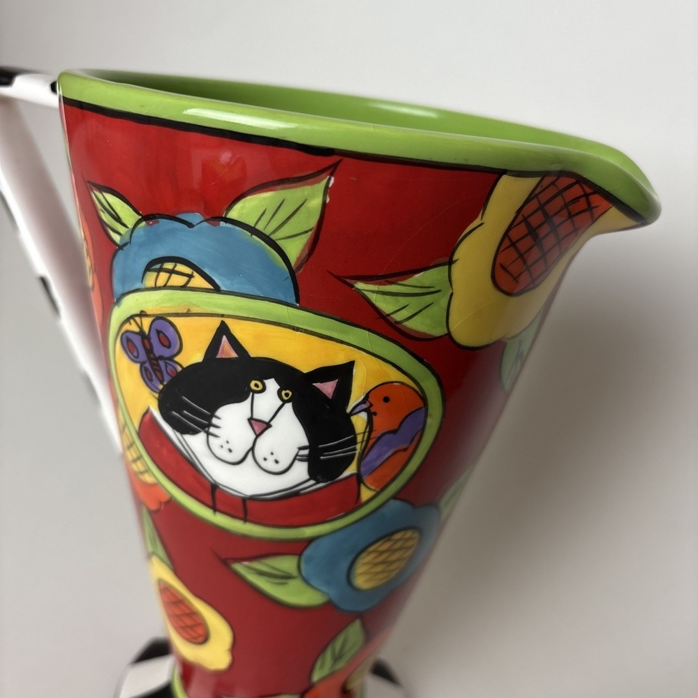 Catzilla Pedestal Pitcher By Candace Reiter Colorful Artsy Flowers Cat Design - Picture 2 of 14